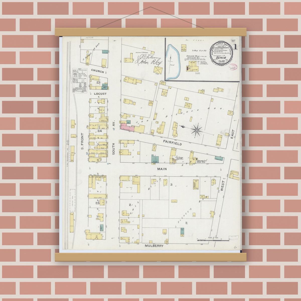 Old map wall art mockup — magnetic wood frame on brick wall — Sanborn Fire Insurance Map from Xenia, Clay County, Illinois (1894) - Complete Map Set