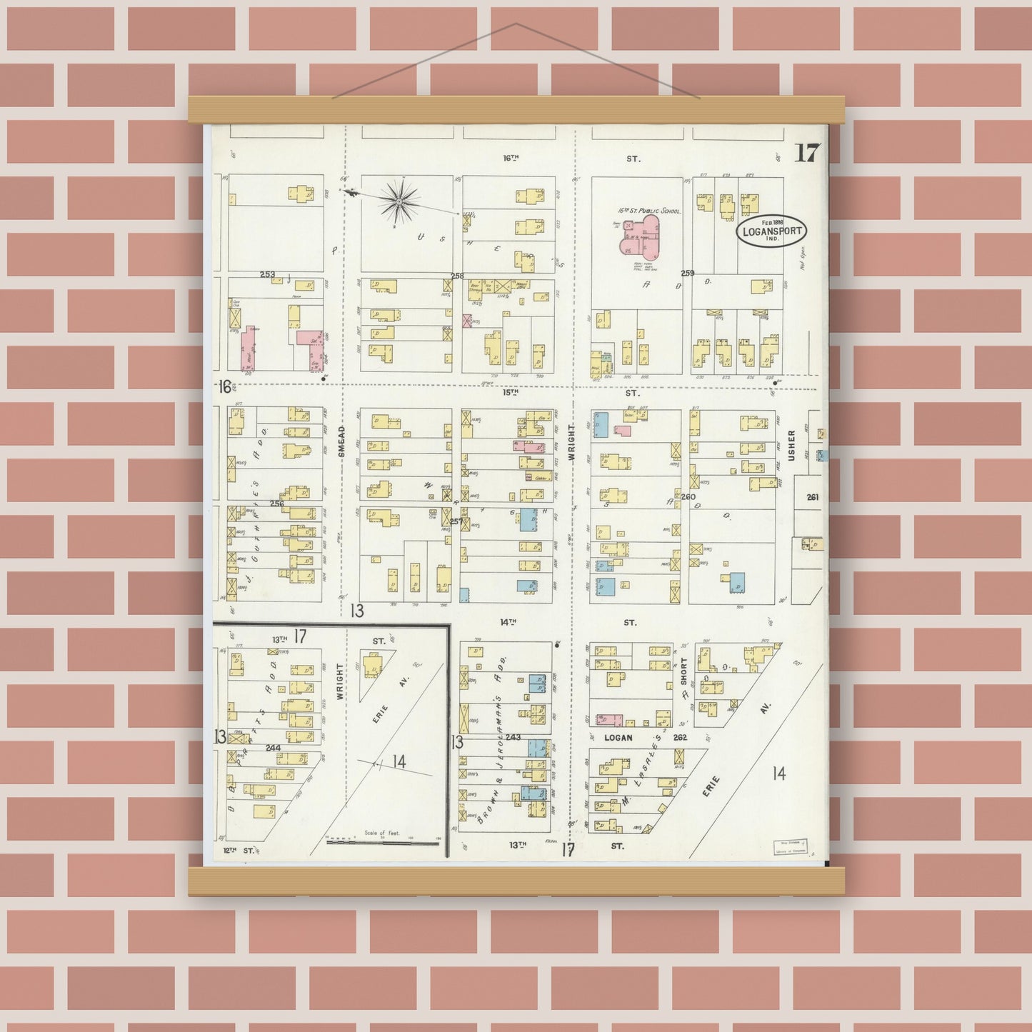 Old map wall art mockup — magnetic wood frame on brick wall — Sanborn Fire Insurance Map from Logansport, Cass County, Indiana (1898), Sheet #0017