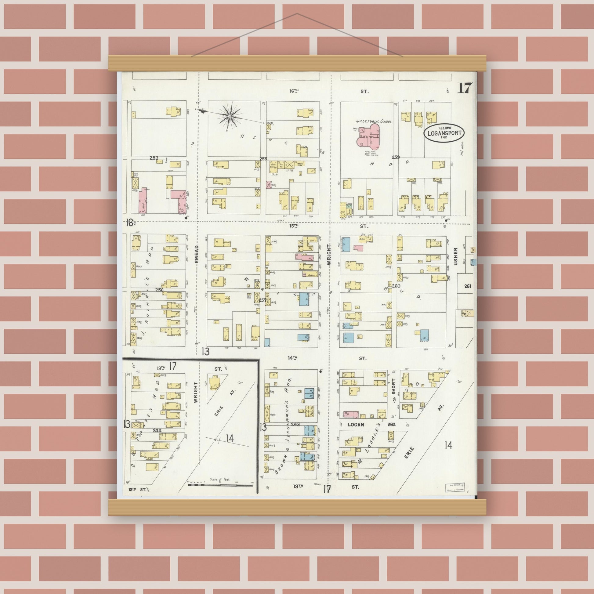 Old map wall art mockup — magnetic wood frame on brick wall — Sanborn Fire Insurance Map from Logansport, Cass County, Indiana (1898), Sheet #0017