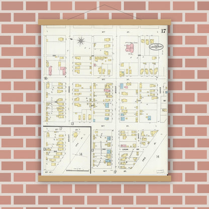 Old map wall art mockup — magnetic wood frame on brick wall — Sanborn Fire Insurance Map from Logansport, Cass County, Indiana (1898), Sheet #0017