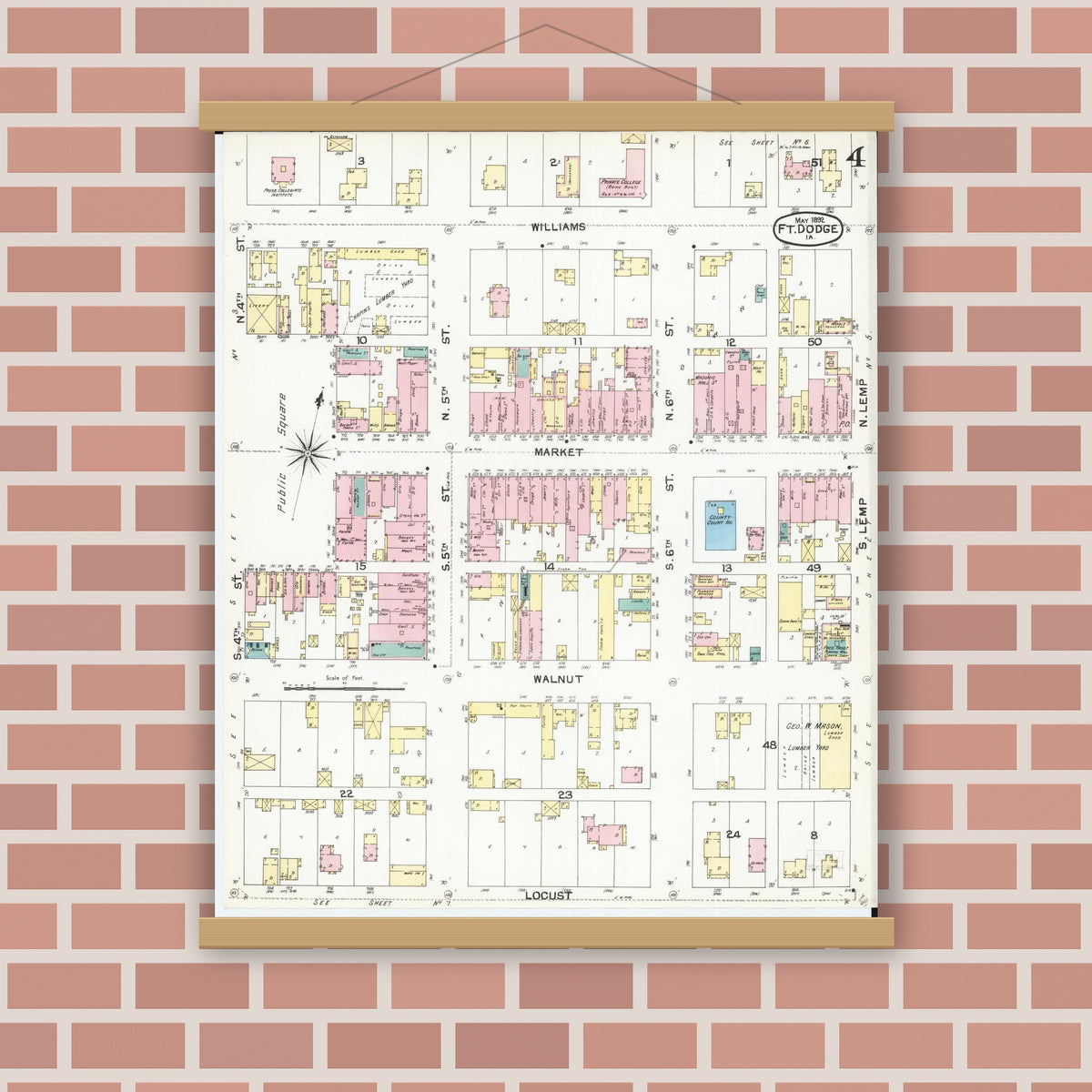 Old map wall art mockup — magnetic wood frame on brick wall — Sanborn Fire Insurance Map from Fort Dodge, Webster County, Iowa (1892), Sheet #0004