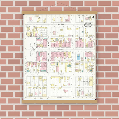 Old map wall art mockup — magnetic wood frame on brick wall — Sanborn Fire Insurance Map from Fort Dodge, Webster County, Iowa (1892), Sheet #0004
