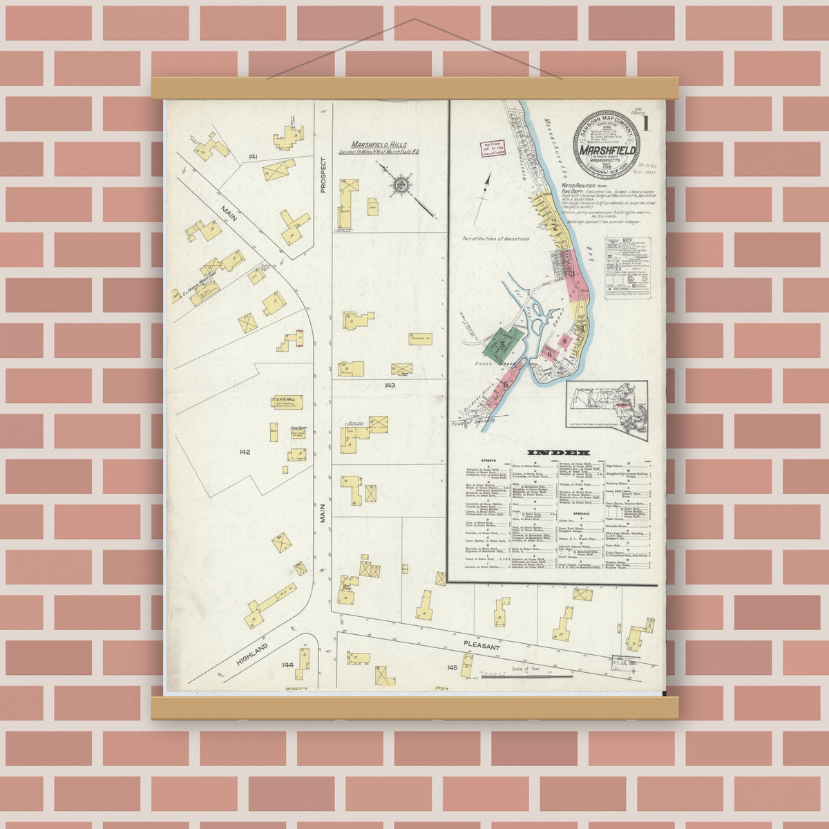 Old map wall art mockup — magnetic wood frame on brick wall — Sanborn Fire Insurance Map from Marshfield, Plymouth County, Massachusetts (1916) - Complete Map Set