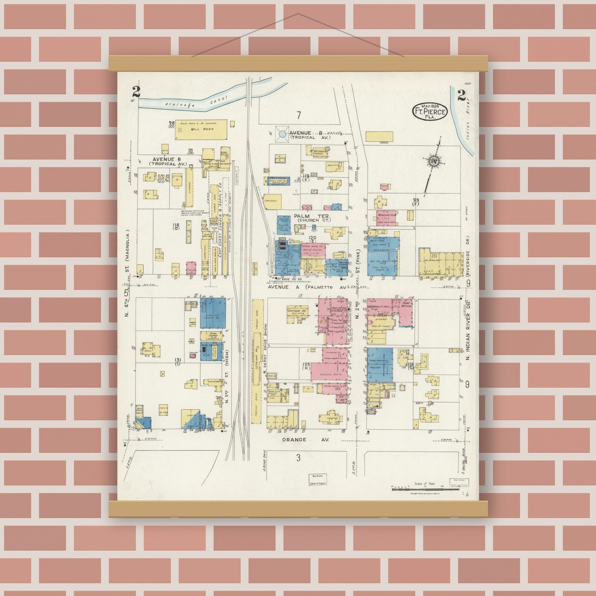 Old map wall art mockup — magnetic wood frame on brick wall — Sanborn Fire Insurance Map from Fort Pierce, St Lucie County, Florida (1924), Sheet #0002