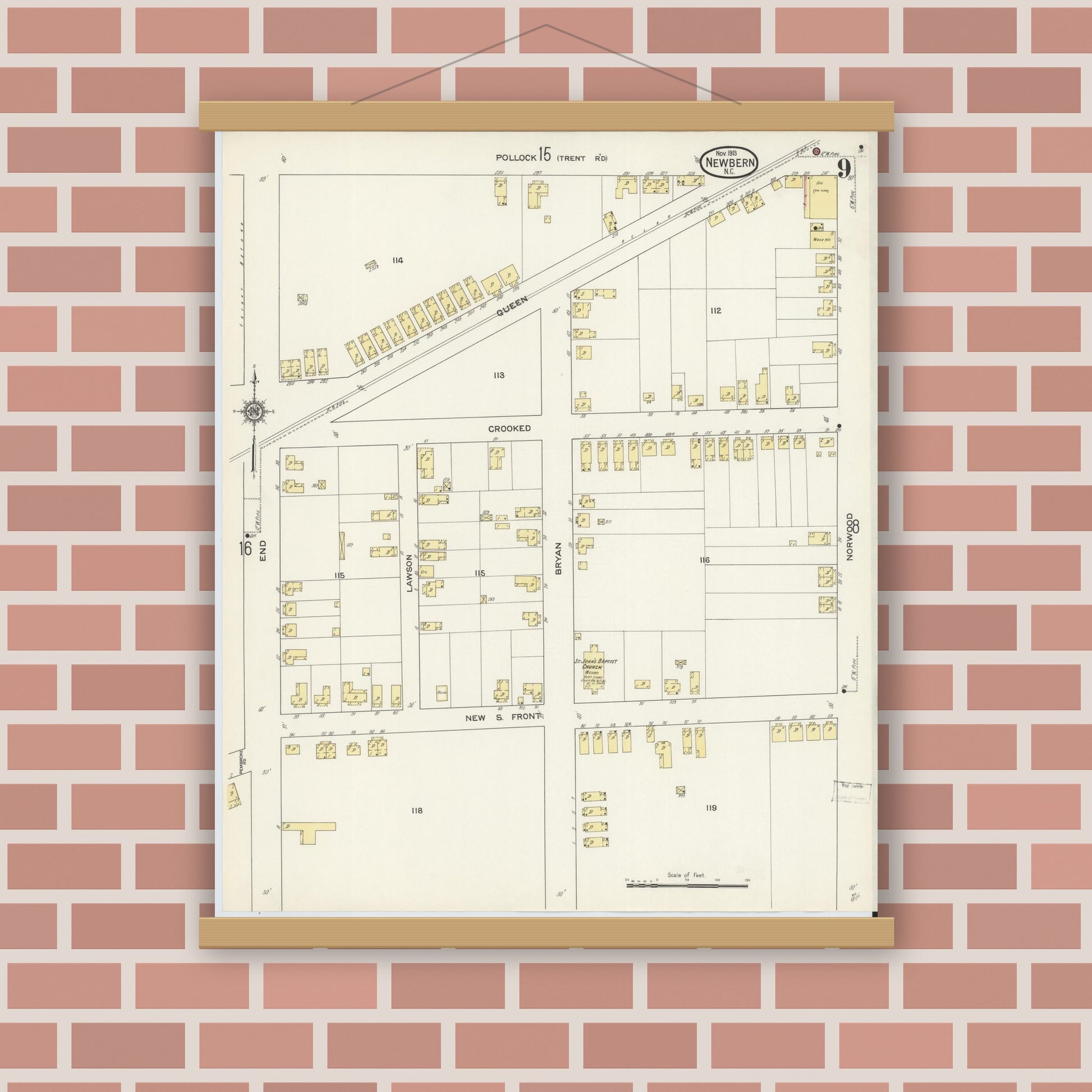 Old map wall art mockup — magnetic wood frame on brick wall — Sanborn Fire Insurance Map from New Bern, Craven County, North Carolina (1913), Sheet #0009