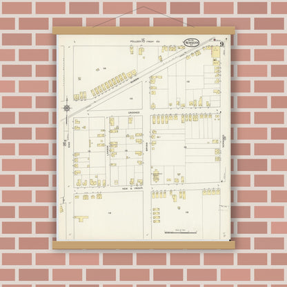 Old map wall art mockup — magnetic wood frame on brick wall — Sanborn Fire Insurance Map from New Bern, Craven County, North Carolina (1913), Sheet #0009