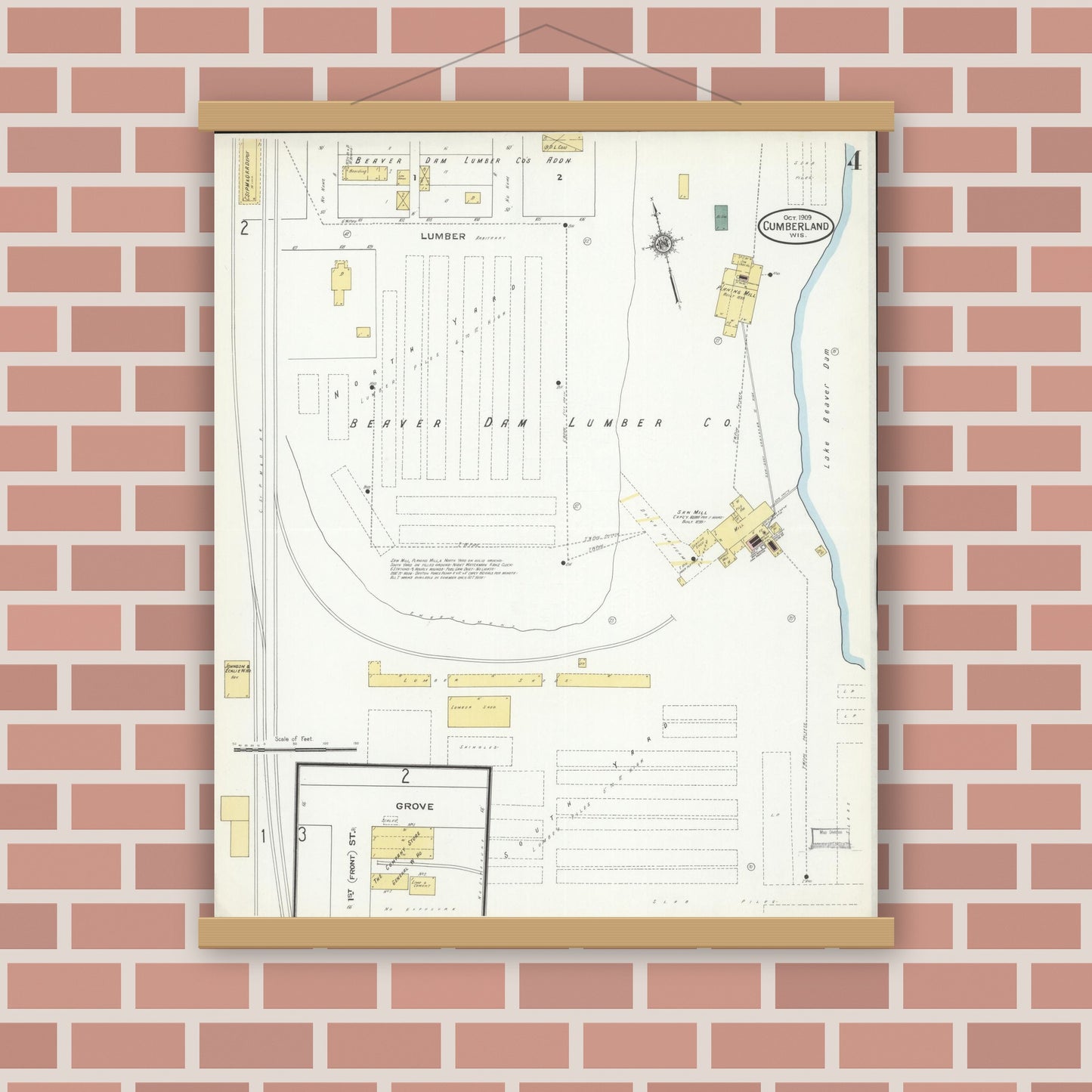 Old map wall art mockup — magnetic wood frame on brick wall — Sanborn Fire Insurance Map from Cumberland, Barron County, Wisconsin (1909), Sheet #0004