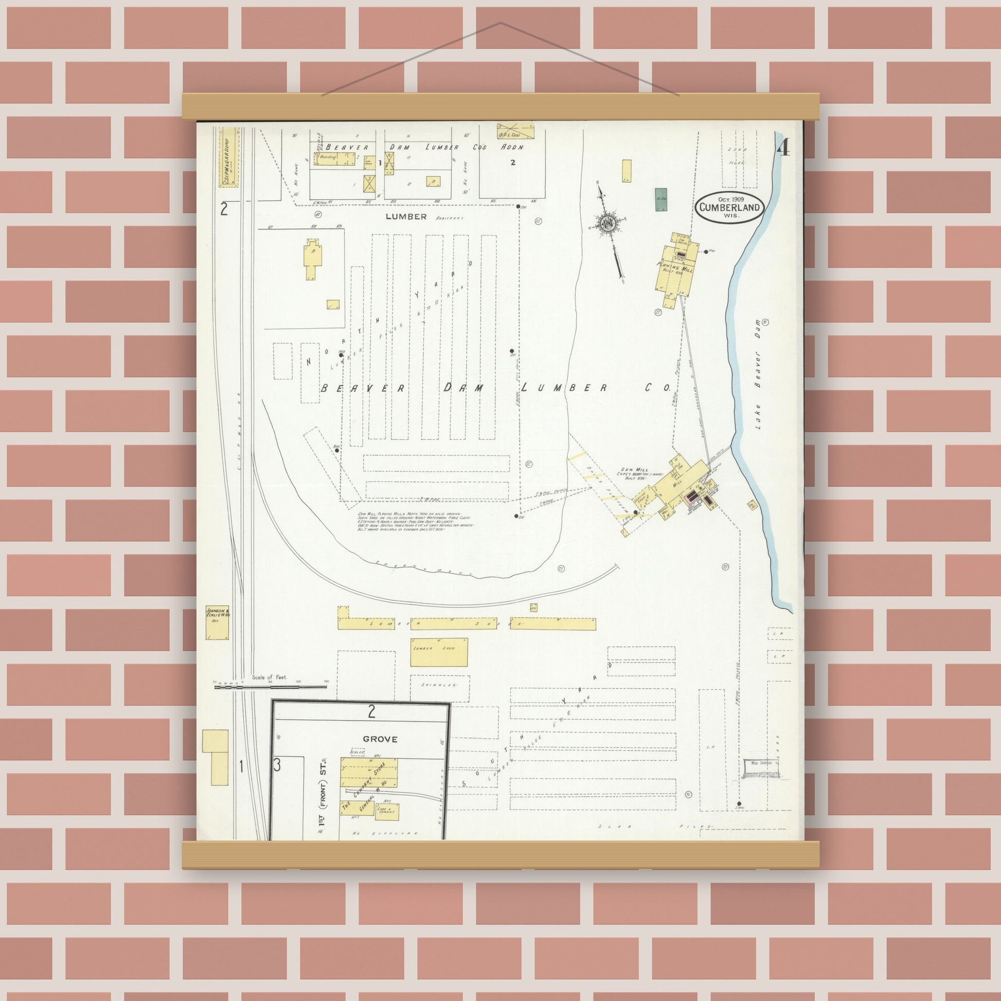 Old map wall art mockup — magnetic wood frame on brick wall — Sanborn Fire Insurance Map from Cumberland, Barron County, Wisconsin (1909), Sheet #0004