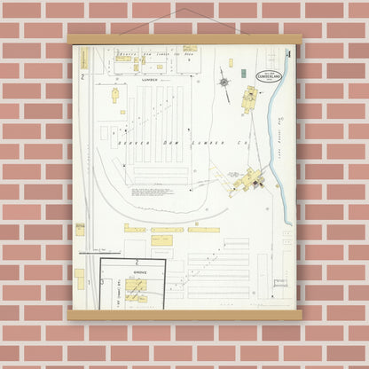 Old map wall art mockup — magnetic wood frame on brick wall — Sanborn Fire Insurance Map from Cumberland, Barron County, Wisconsin (1909), Sheet #0004