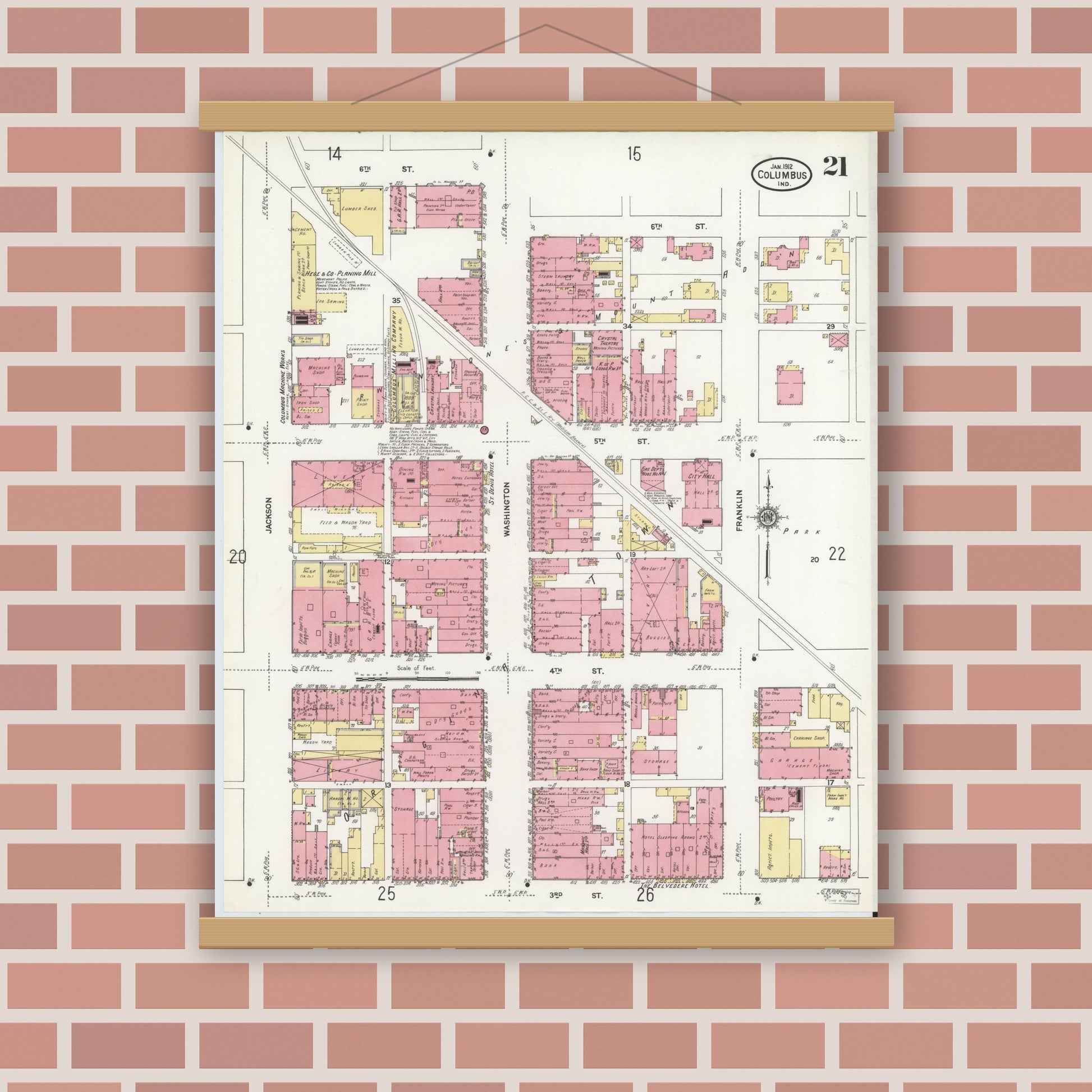 Old map wall art mockup — magnetic wood frame on brick wall — Sanborn Fire Insurance Map from Columbus, Bartholomew County, Indiana (1912), Sheet #0021