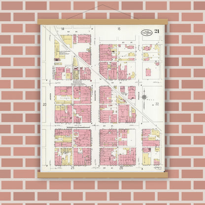 Old map wall art mockup — magnetic wood frame on brick wall — Sanborn Fire Insurance Map from Columbus, Bartholomew County, Indiana (1912), Sheet #0021