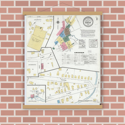 Old map wall art mockup — magnetic wood frame on brick wall — Sanborn Fire Insurance Map from Geneva, Ashtabula County, Ohio (1919) - Complete Map Set
