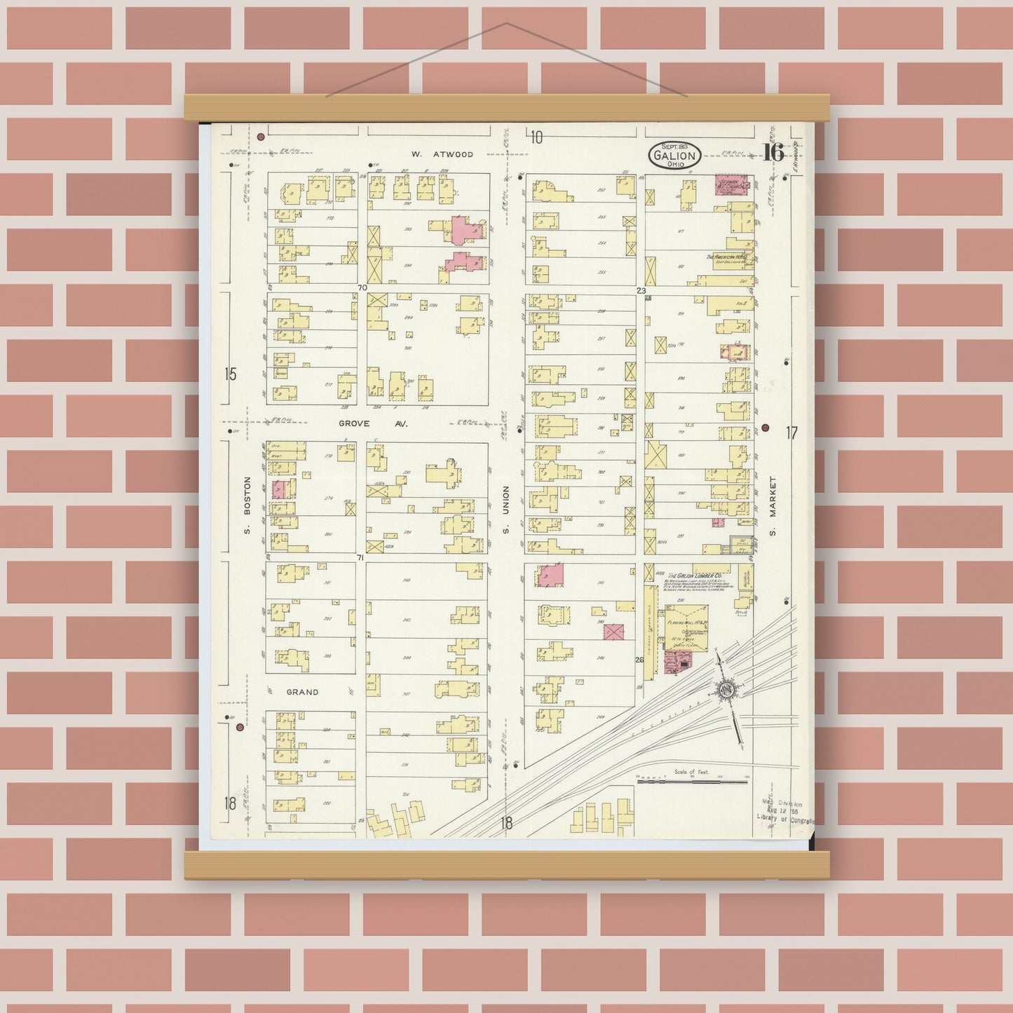 Old map wall art mockup — magnetic wood frame on brick wall — Sanborn Fire Insurance Map from Galion, Crawford County, Ohio (1913), Sheet #0016