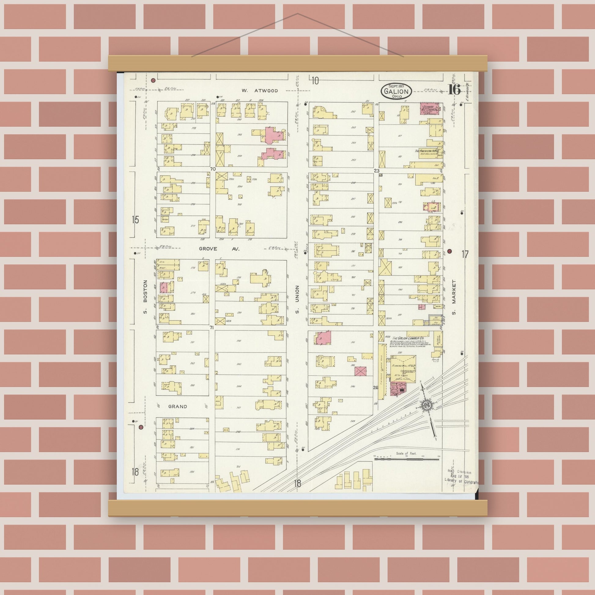 Old map wall art mockup — magnetic wood frame on brick wall — Sanborn Fire Insurance Map from Galion, Crawford County, Ohio (1913), Sheet #0016