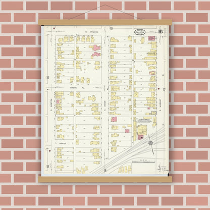 Old map wall art mockup — magnetic wood frame on brick wall — Sanborn Fire Insurance Map from Galion, Crawford County, Ohio (1913), Sheet #0016