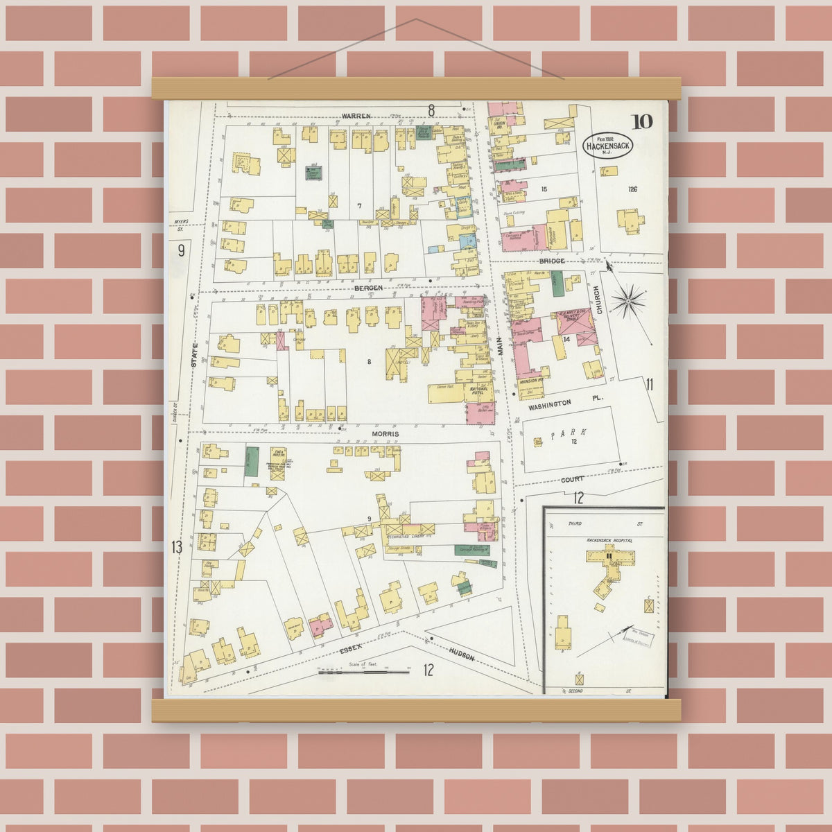 Old map wall art mockup — magnetic wood frame on brick wall — Sanborn Fire Insurance Map from Hackensack, Bergen County, New Jersey (1902), Sheet #0010