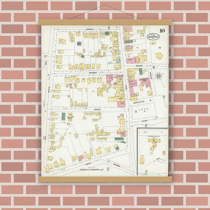 Old map wall art mockup — magnetic wood frame on brick wall — Sanborn Fire Insurance Map from Hackensack, Bergen County, New Jersey (1902), Sheet #0010