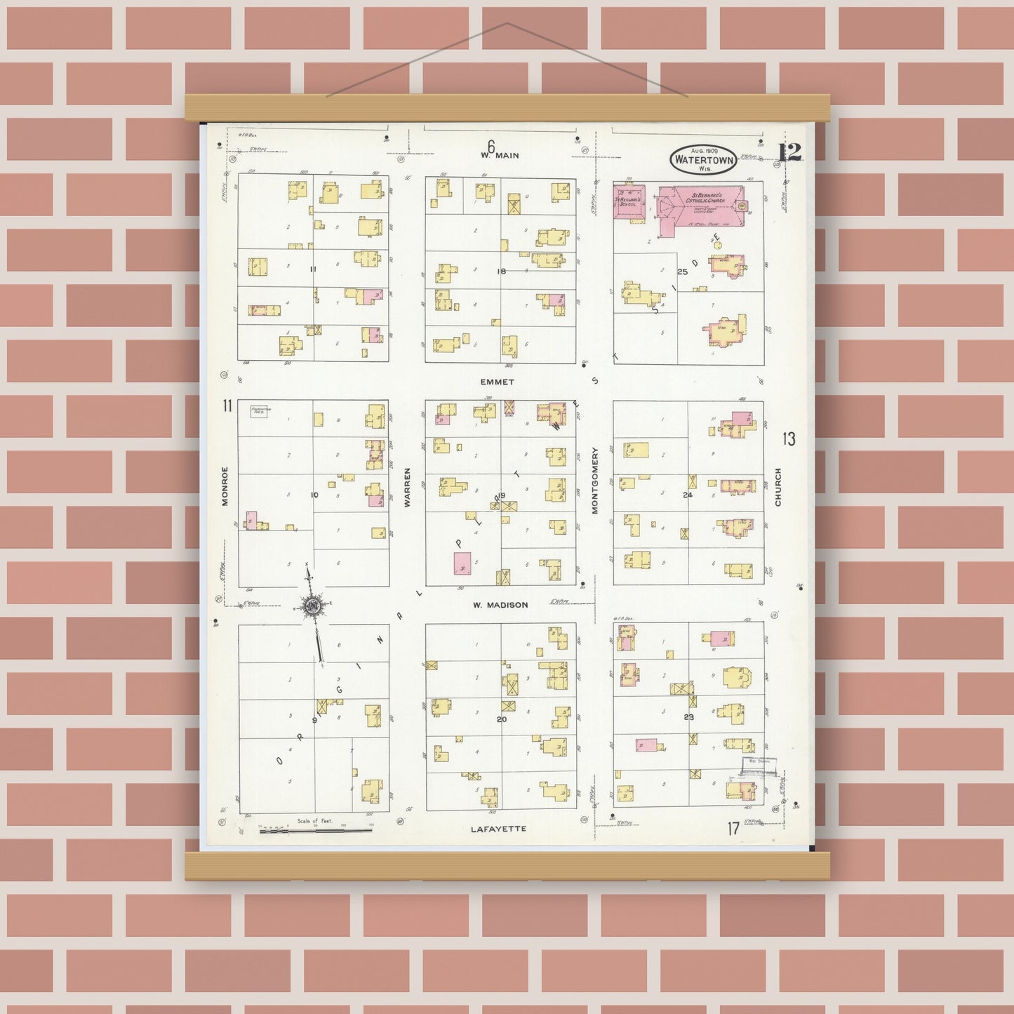 Old map wall art mockup — magnetic wood frame on brick wall — Sanborn Fire Insurance Map from Watertown, Jefferson County, Wisconsin (1909), Sheet #0012