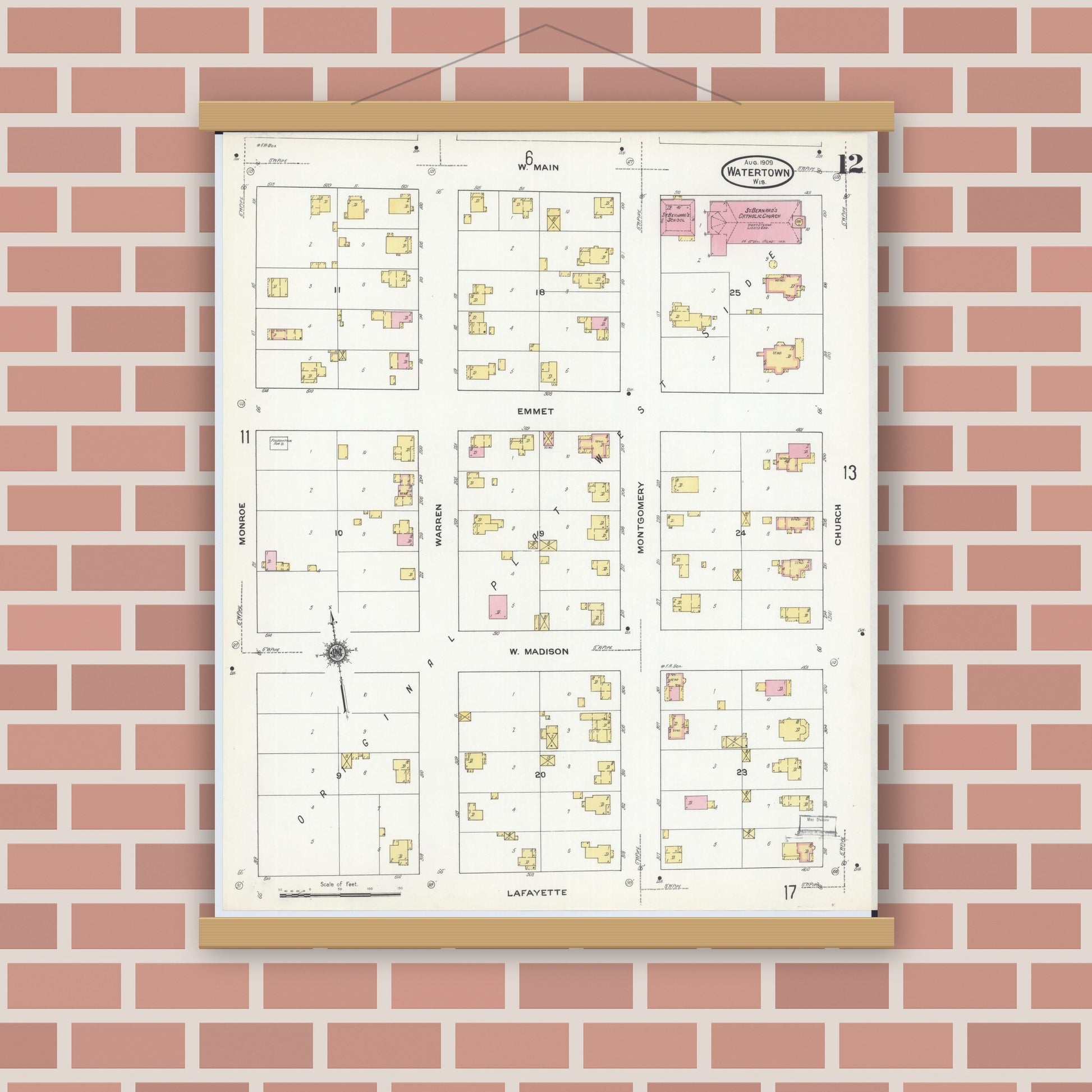 Old map wall art mockup — magnetic wood frame on brick wall — Sanborn Fire Insurance Map from Watertown, Jefferson County, Wisconsin (1909), Sheet #0012