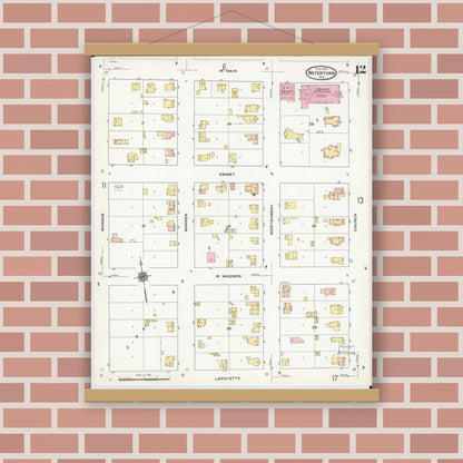 Old map wall art mockup — magnetic wood frame on brick wall — Sanborn Fire Insurance Map from Watertown, Jefferson County, Wisconsin (1909), Sheet #0012