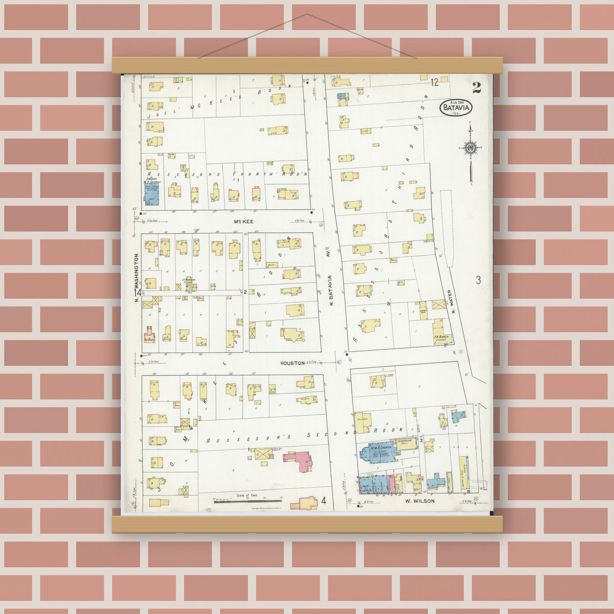 Old map wall art mockup — magnetic wood frame on brick wall — Sanborn Fire Insurance Map from Batavia, Kane County, Illinois (1916), Sheet #0002