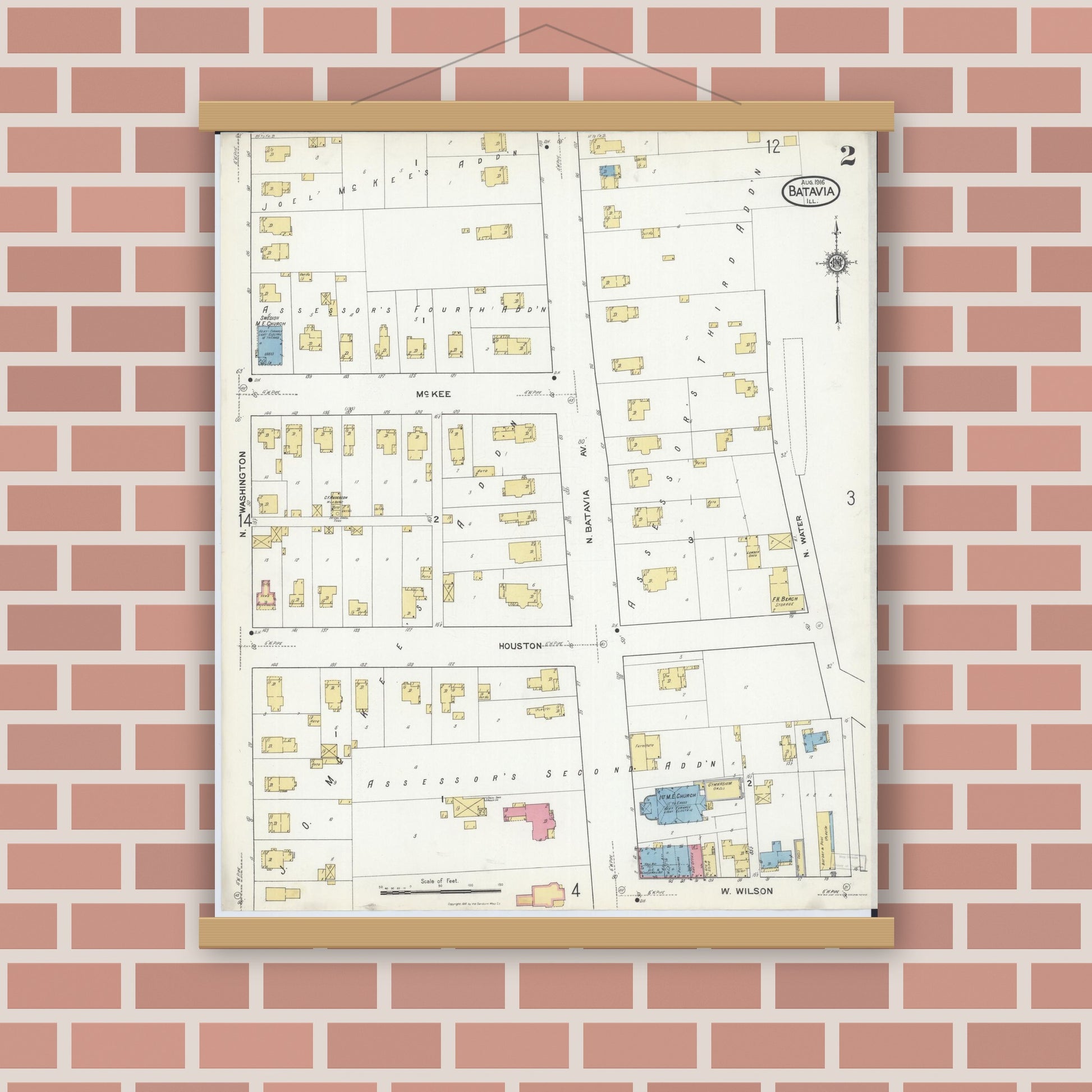 Old map wall art mockup — magnetic wood frame on brick wall — Sanborn Fire Insurance Map from Batavia, Kane County, Illinois (1916), Sheet #0002
