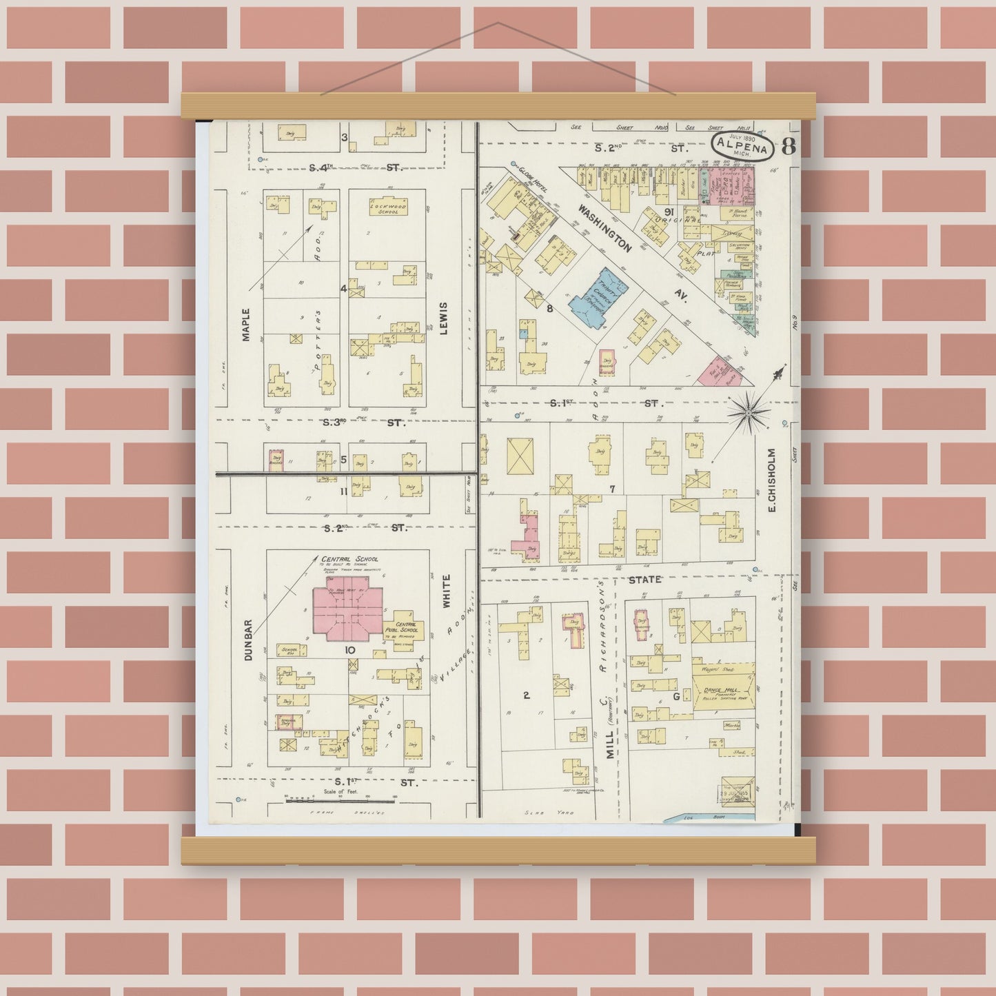 Old map wall art mockup — magnetic wood frame on brick wall — Sanborn Fire Insurance Map from Alpena, Alpena County, Michigan (1890), Sheet #0008