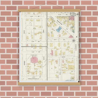 Old map wall art mockup — magnetic wood frame on brick wall — Sanborn Fire Insurance Map from Alpena, Alpena County, Michigan (1890), Sheet #0008