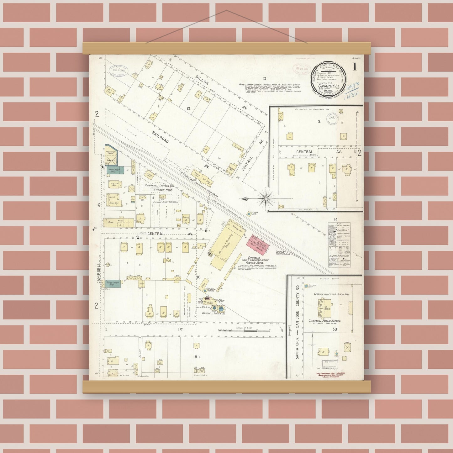 Old map wall art mockup — magnetic wood frame on brick wall — Sanborn Fire Insurance Map from Campbell, Santa Clara County, California (1899) - Complete Map Set