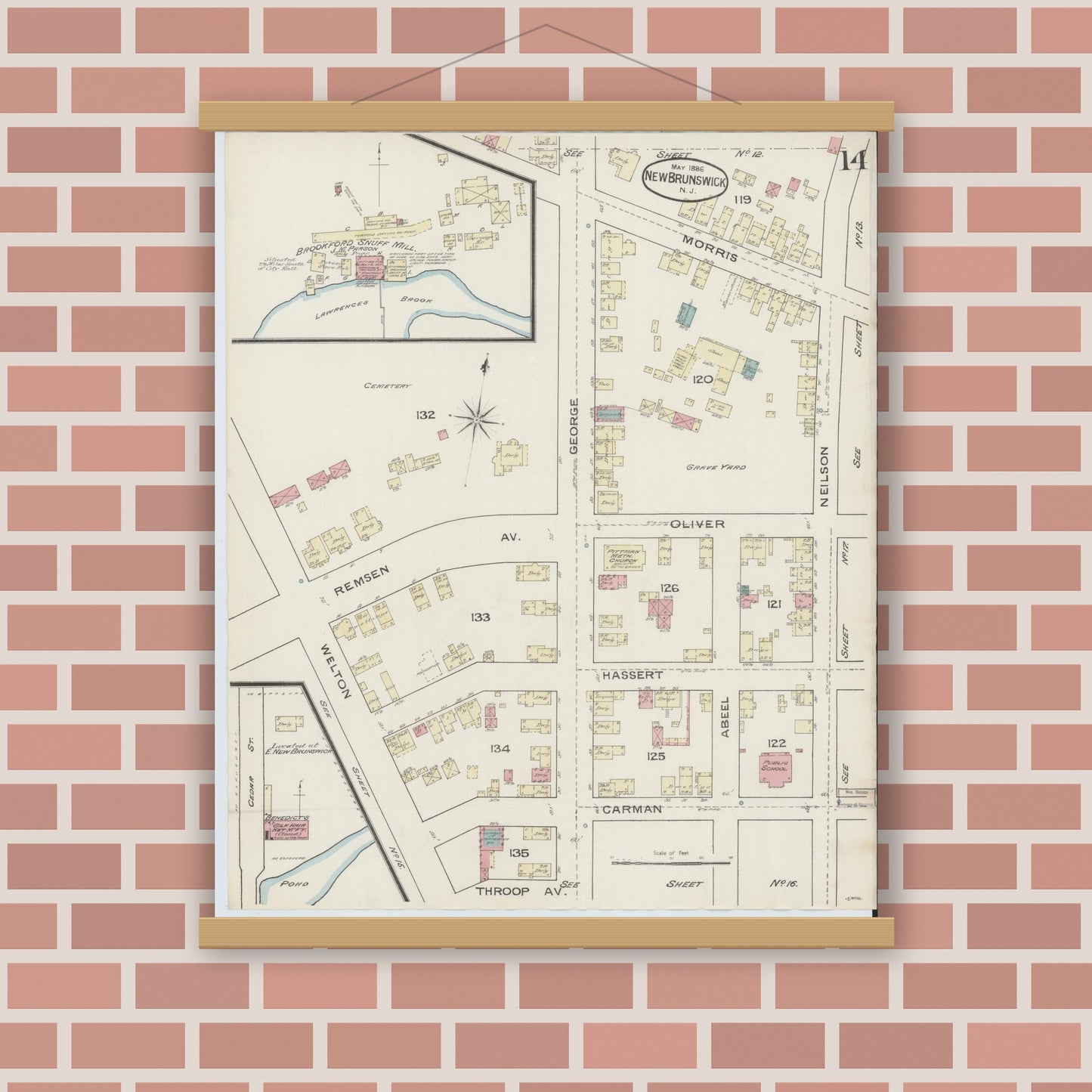 Old map wall art mockup — magnetic wood frame on brick wall — Sanborn Fire Insurance Map from New Brunswick, Middlesex County, New Jersey (1886), Sheet #0014
