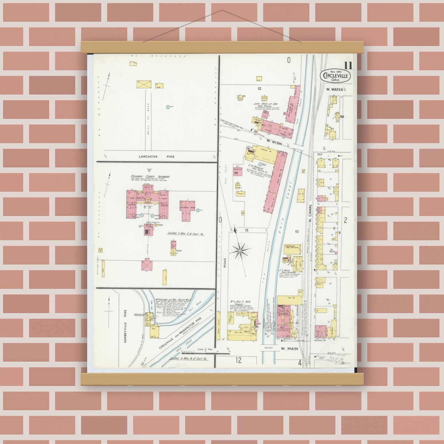 Old map wall art mockup — magnetic wood frame on brick wall — Sanborn Fire Insurance Map from Circleville, Pickaway County, Ohio (1899), Sheet #0011
