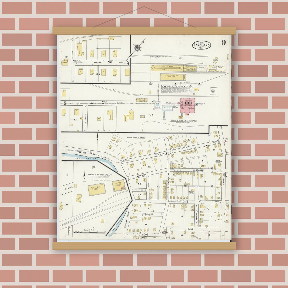 Old map wall art mockup — magnetic wood frame on brick wall — Sanborn Fire Insurance Map from Lakeland, Polk County, Florida (1917), Sheet #0009