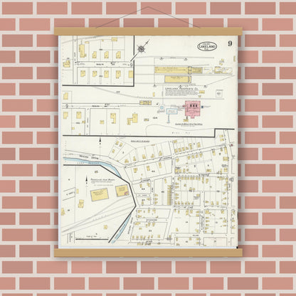 Old map wall art mockup — magnetic wood frame on brick wall — Sanborn Fire Insurance Map from Lakeland, Polk County, Florida (1917), Sheet #0009