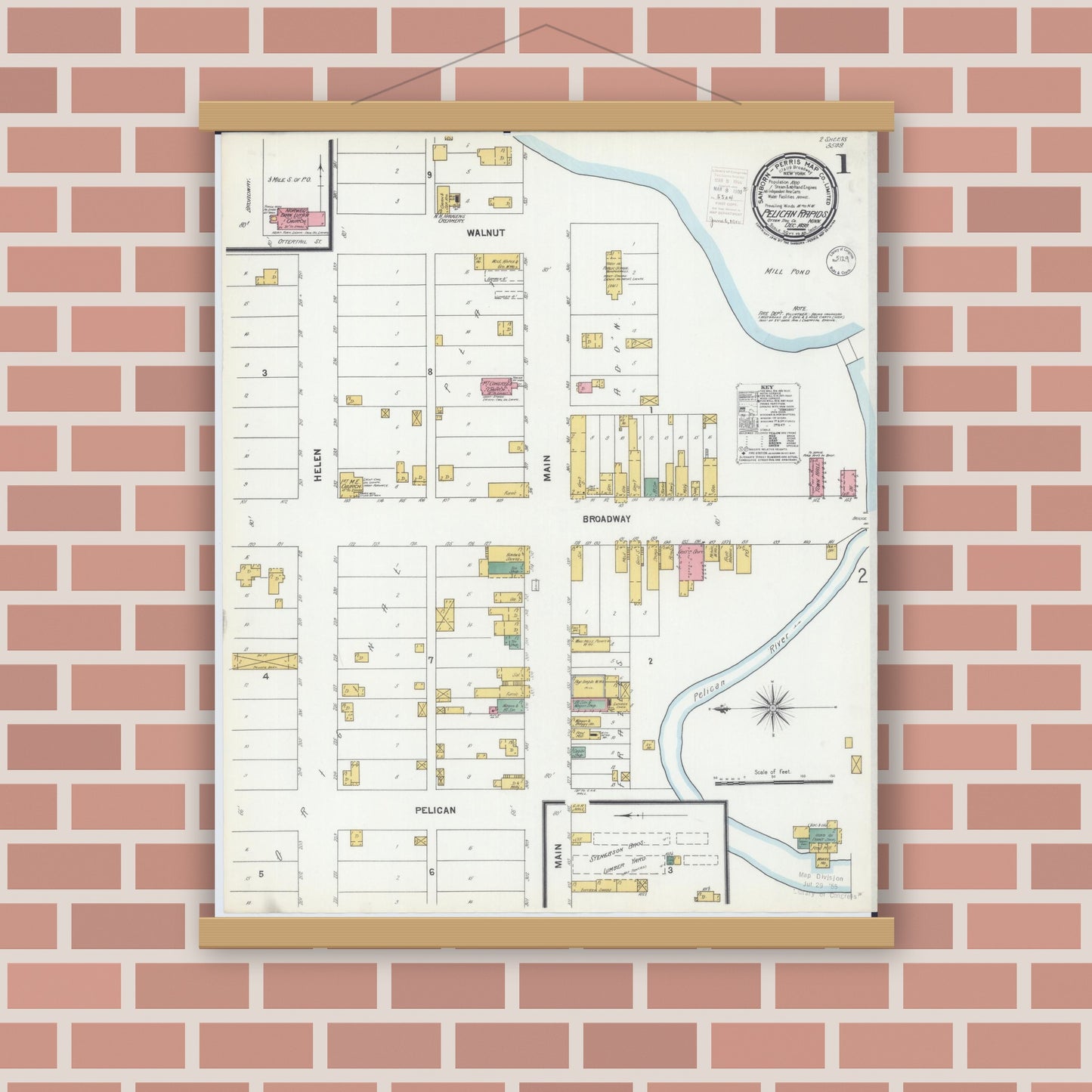 Old map wall art mockup — magnetic wood frame on brick wall — Sanborn Fire Insurance Map from Pelican Rapids, Otter Tail County, Minnesota (1899), Sheet #0001