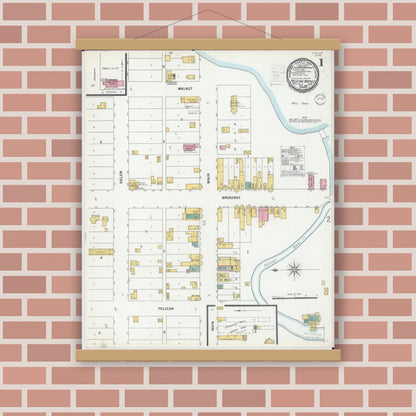 Old map wall art mockup — magnetic wood frame on brick wall — Sanborn Fire Insurance Map from Pelican Rapids, Otter Tail County, Minnesota (1899), Sheet #0001