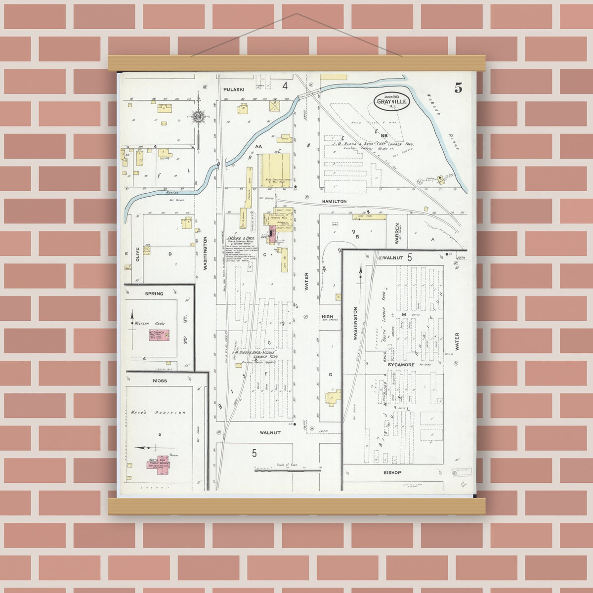 Old map wall art mockup — magnetic wood frame on brick wall — Sanborn Fire Insurance Map from Grayville, White And Edwards Counties, Illinois (1910), Sheet #0005