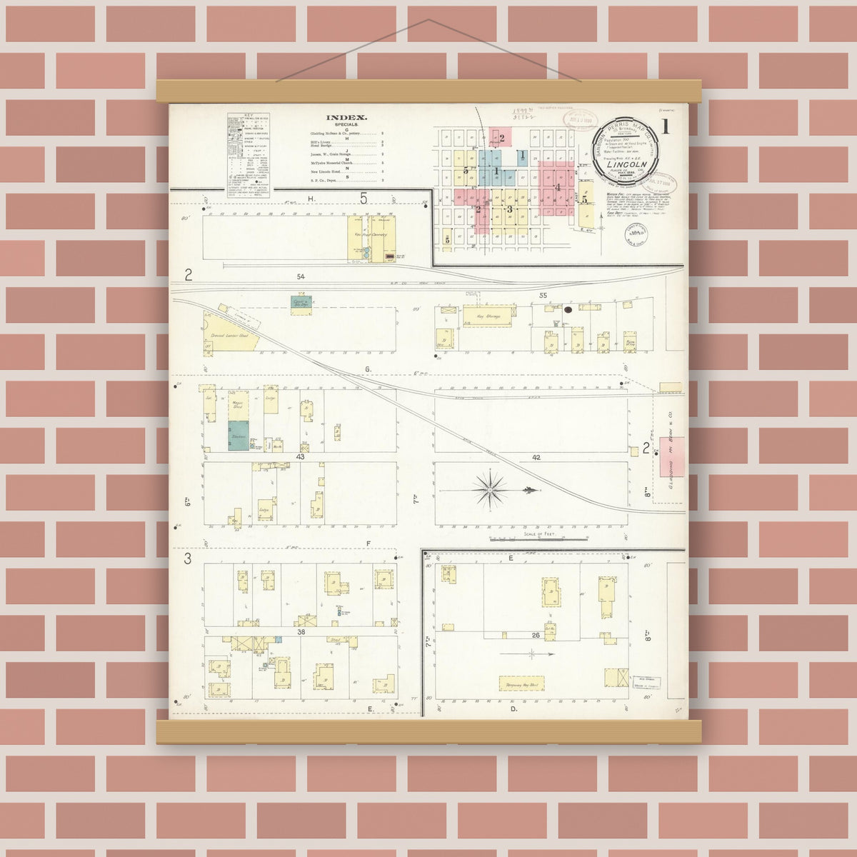 Old map wall art mockup — magnetic wood frame on brick wall — Sanborn Fire Insurance Map from Lincoln, Placer County, California (1899) - Complete Map Set