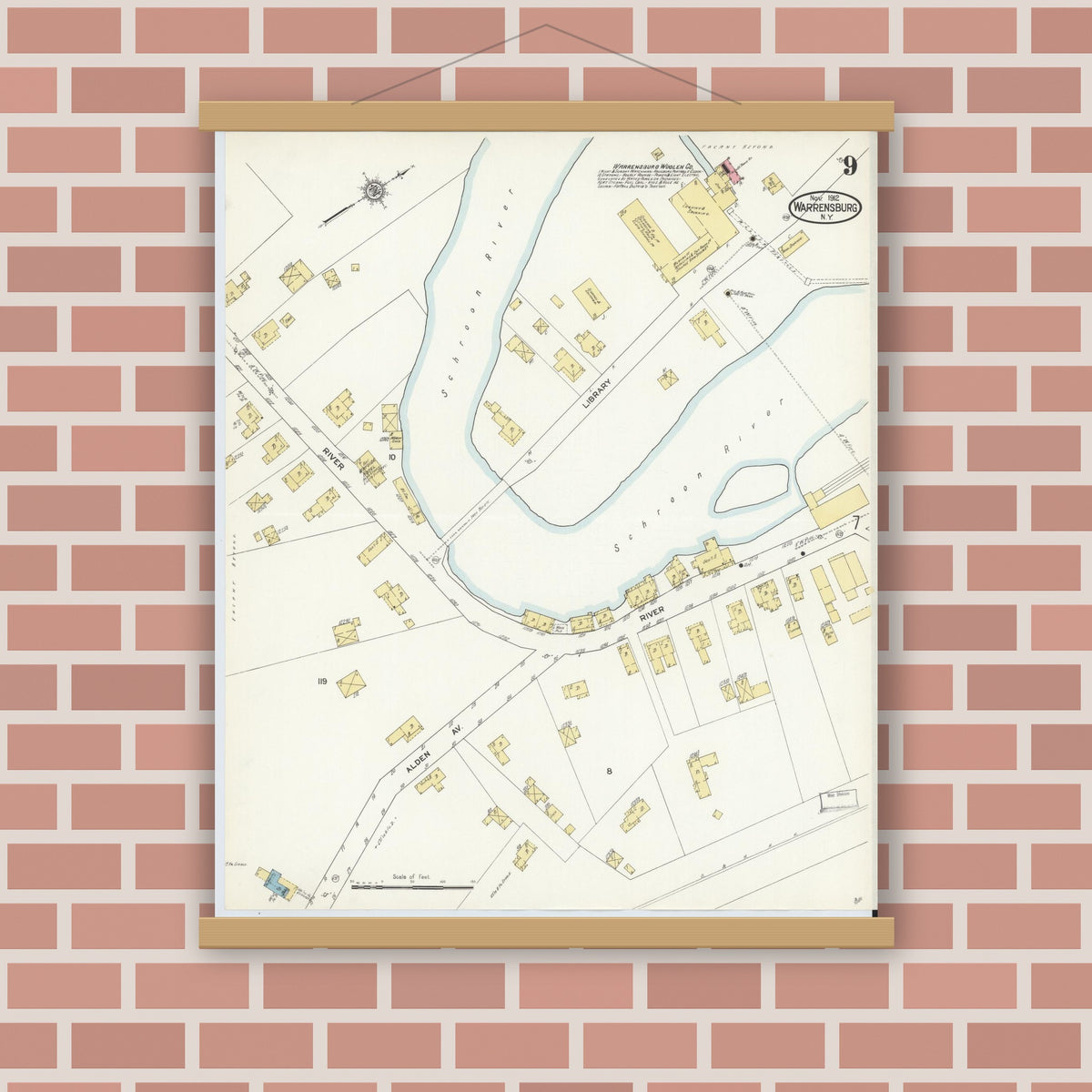 Old map wall art mockup — magnetic wood frame on brick wall — Sanborn Fire Insurance Map from Warrensburg, Warren County, New York (1912), Sheet #0009