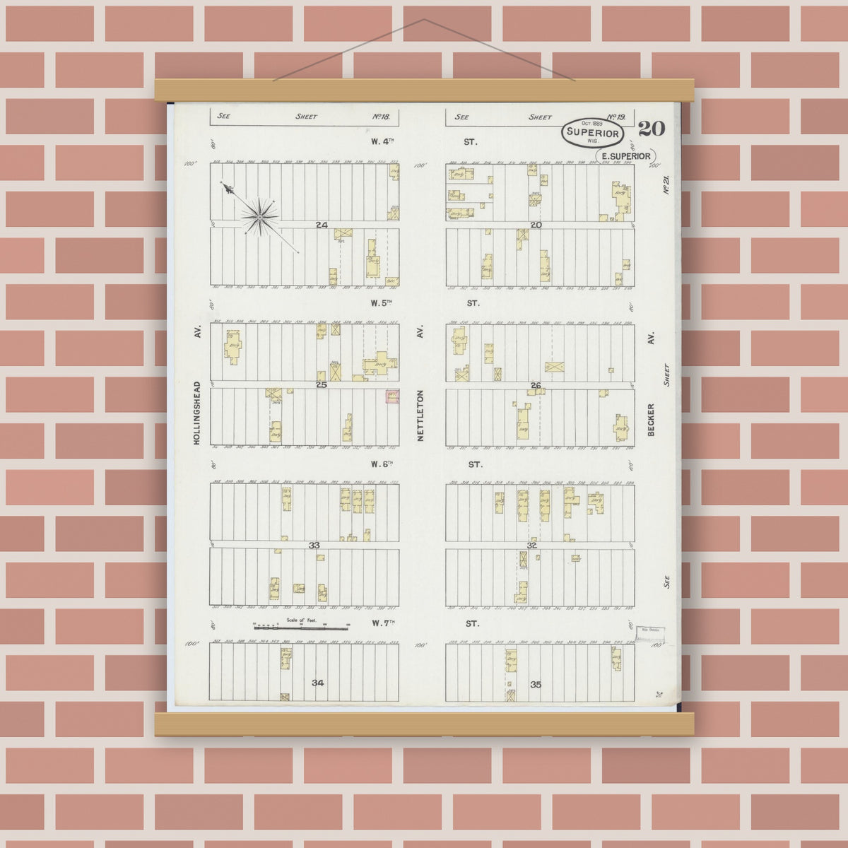 Old map wall art mockup — magnetic wood frame on brick wall — Sanborn Fire Insurance Map from Superior, Douglas County, Wisconsin (1887), Sheet #0020