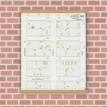Old map wall art mockup — magnetic wood frame on brick wall — Sanborn Fire Insurance Map from Superior, Douglas County, Wisconsin (1887), Sheet #0020
