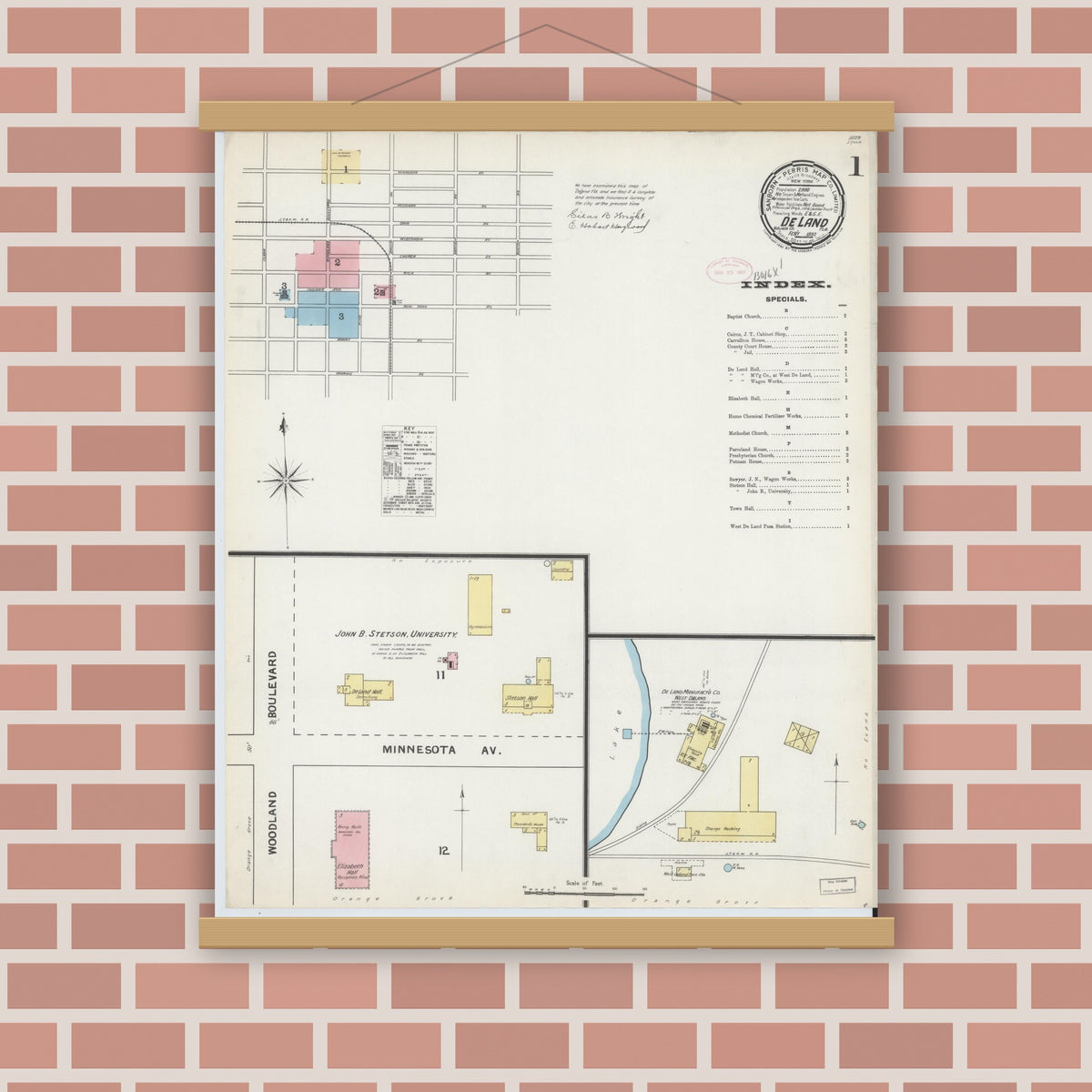 Old map wall art mockup — magnetic wood frame on brick wall — Sanborn Fire Insurance Map from De Land, Volusia County, Florida (1892), Sheet #0001