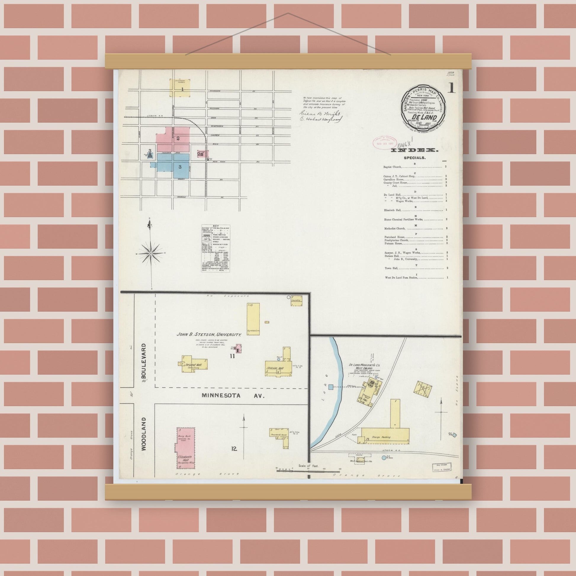 Old map wall art mockup — magnetic wood frame on brick wall — Sanborn Fire Insurance Map from De Land, Volusia County, Florida (1892), Sheet #0001