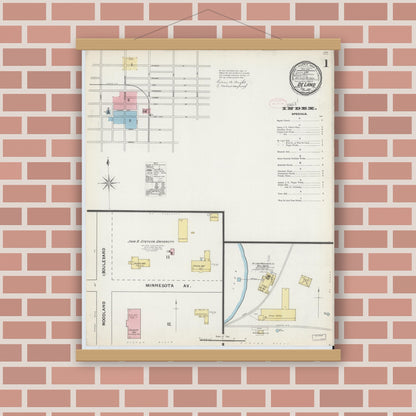 Old map wall art mockup — magnetic wood frame on brick wall — Sanborn Fire Insurance Map from De Land, Volusia County, Florida (1892), Sheet #0001