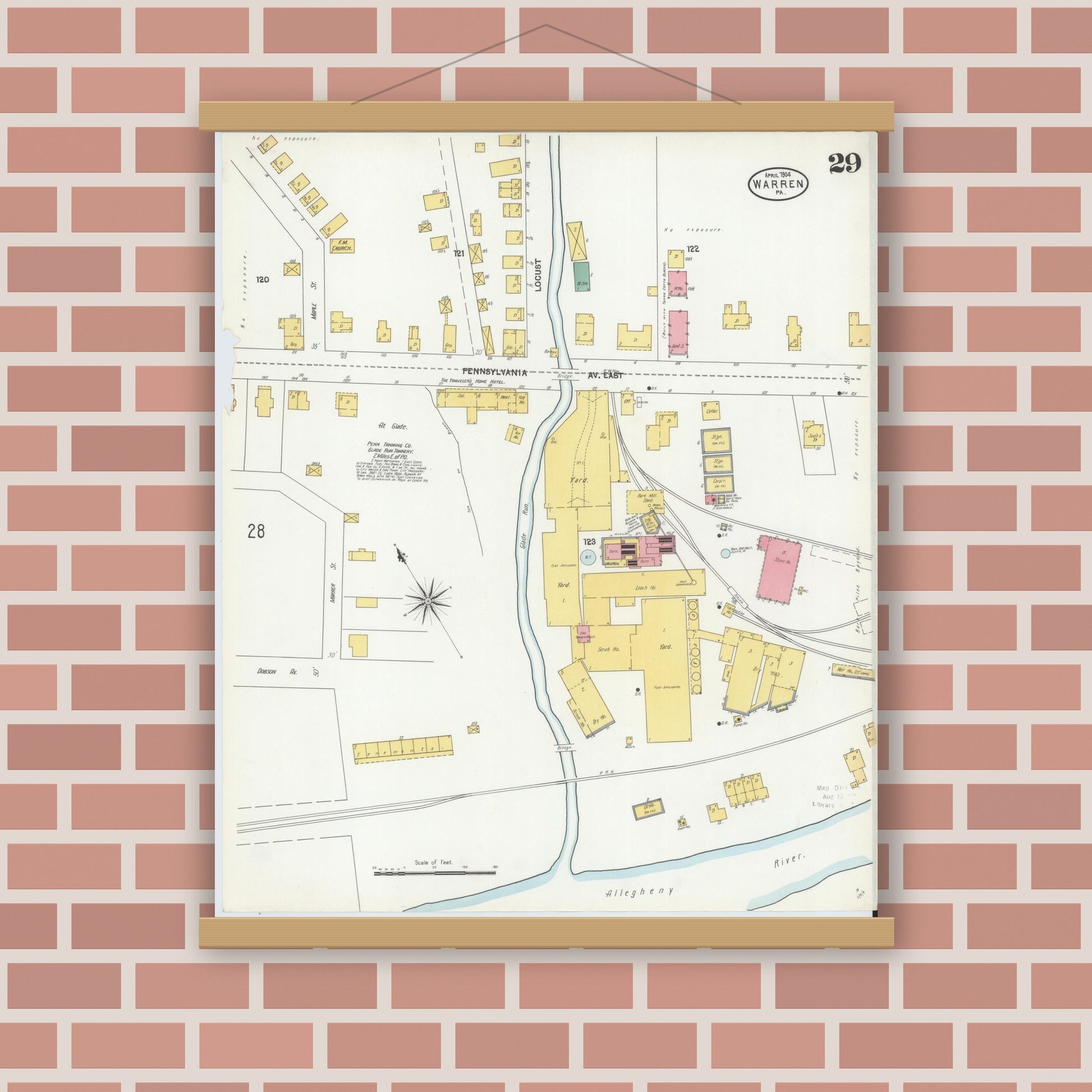 Old map wall art mockup — magnetic wood frame on brick wall — Sanborn Fire Insurance Map from Warren, Warren County, Pennsylvania (1904), Sheet #0029