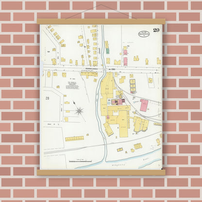 Old map wall art mockup — magnetic wood frame on brick wall — Sanborn Fire Insurance Map from Warren, Warren County, Pennsylvania (1904), Sheet #0029