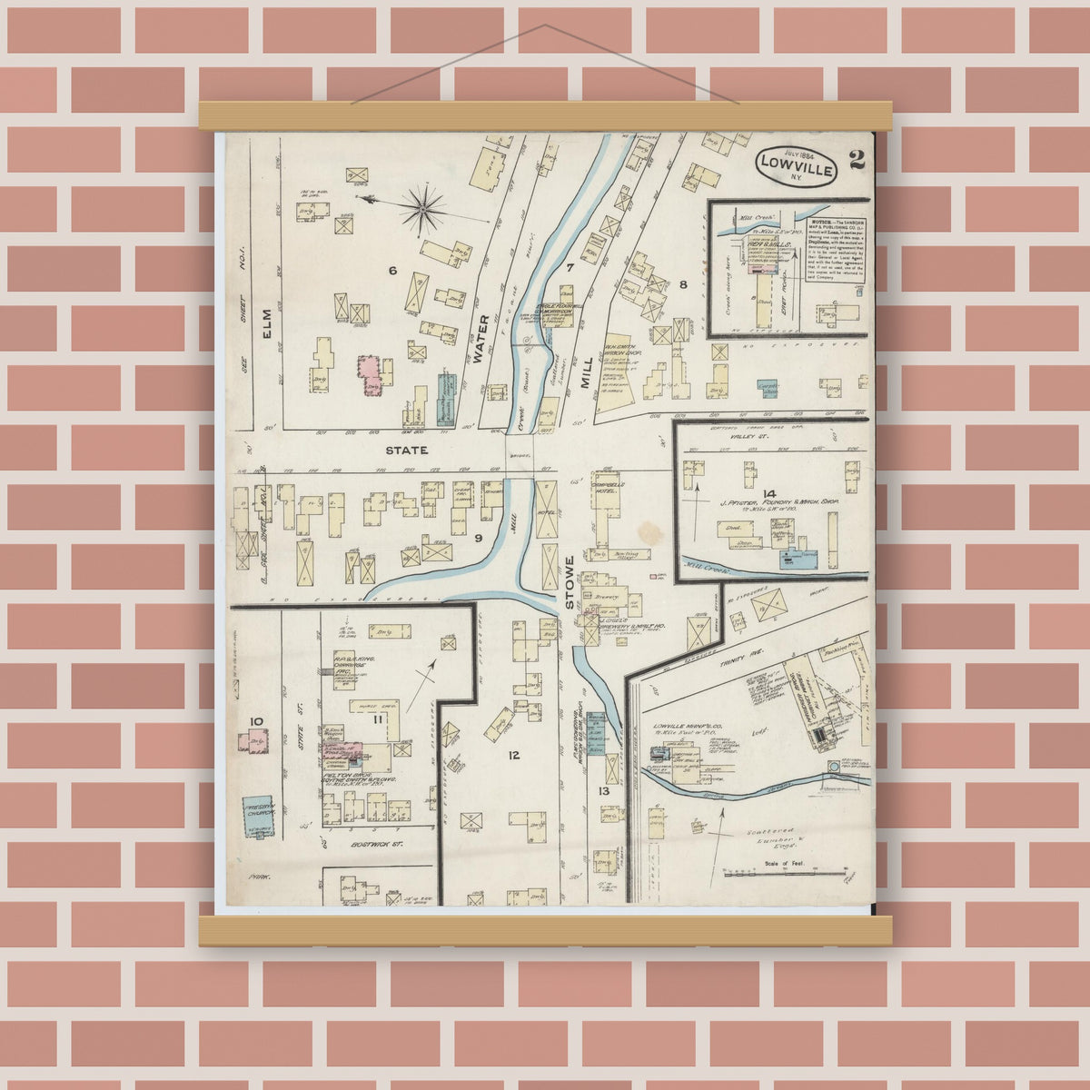 Old map wall art mockup — magnetic wood frame on brick wall — Sanborn Fire Insurance Map from Lowville, Lewis County, New York (1884), Sheet #0002