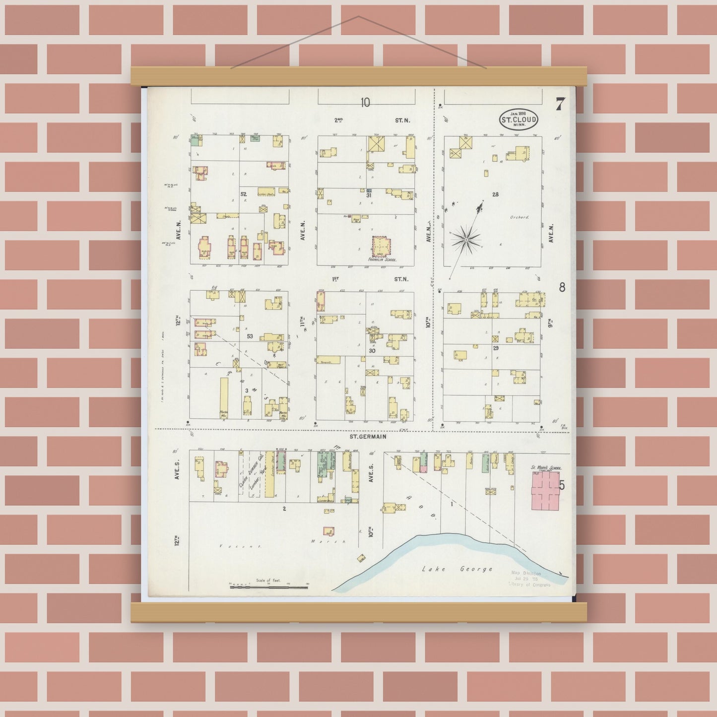 Old map wall art mockup — magnetic wood frame on brick wall — Sanborn Fire Insurance Map from Saint Cloud, Stearns, Benton, and Sherburne Counties, Minnesota (1898), Sheet #0007
