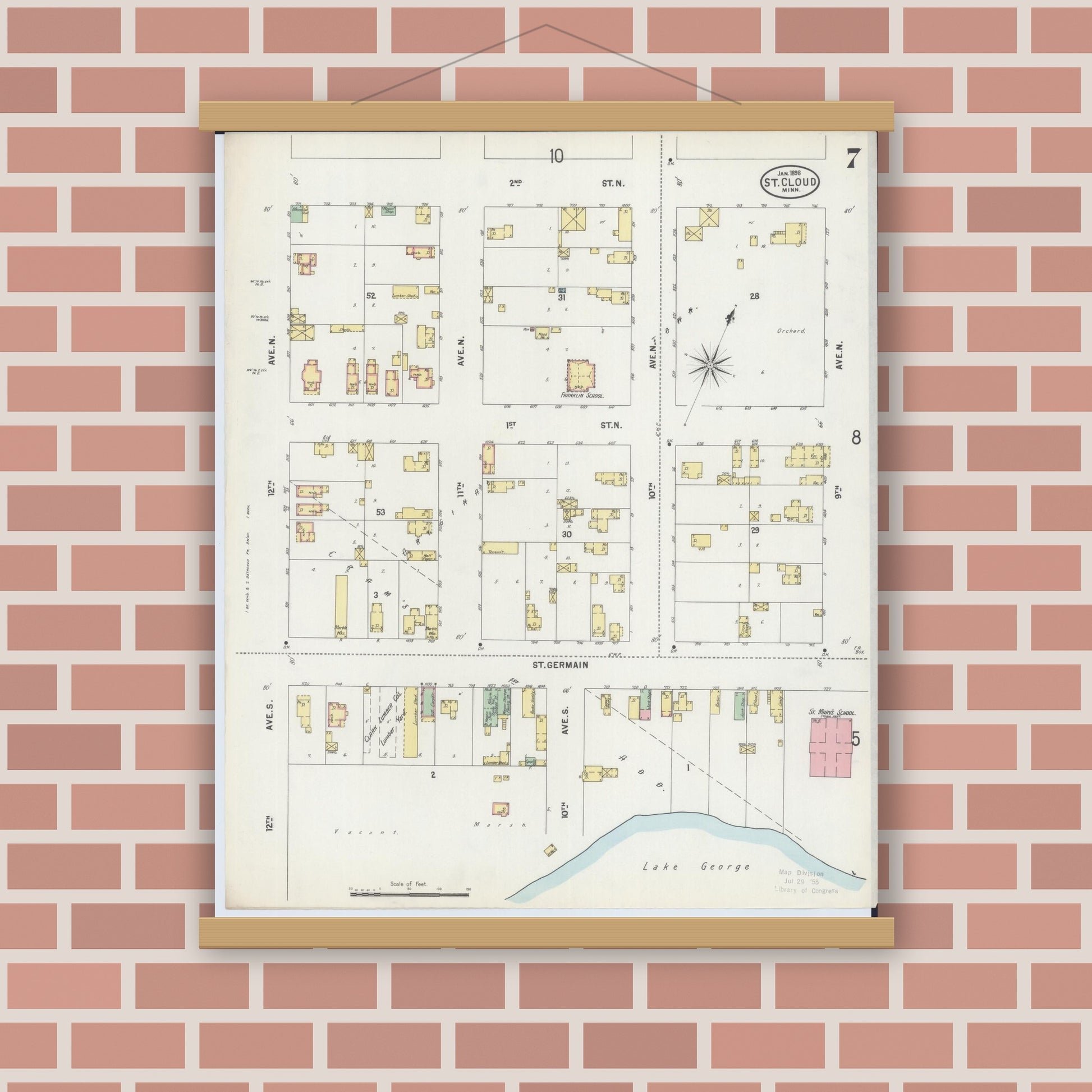Old map wall art mockup — magnetic wood frame on brick wall — Sanborn Fire Insurance Map from Saint Cloud, Stearns, Benton, and Sherburne Counties, Minnesota (1898), Sheet #0007