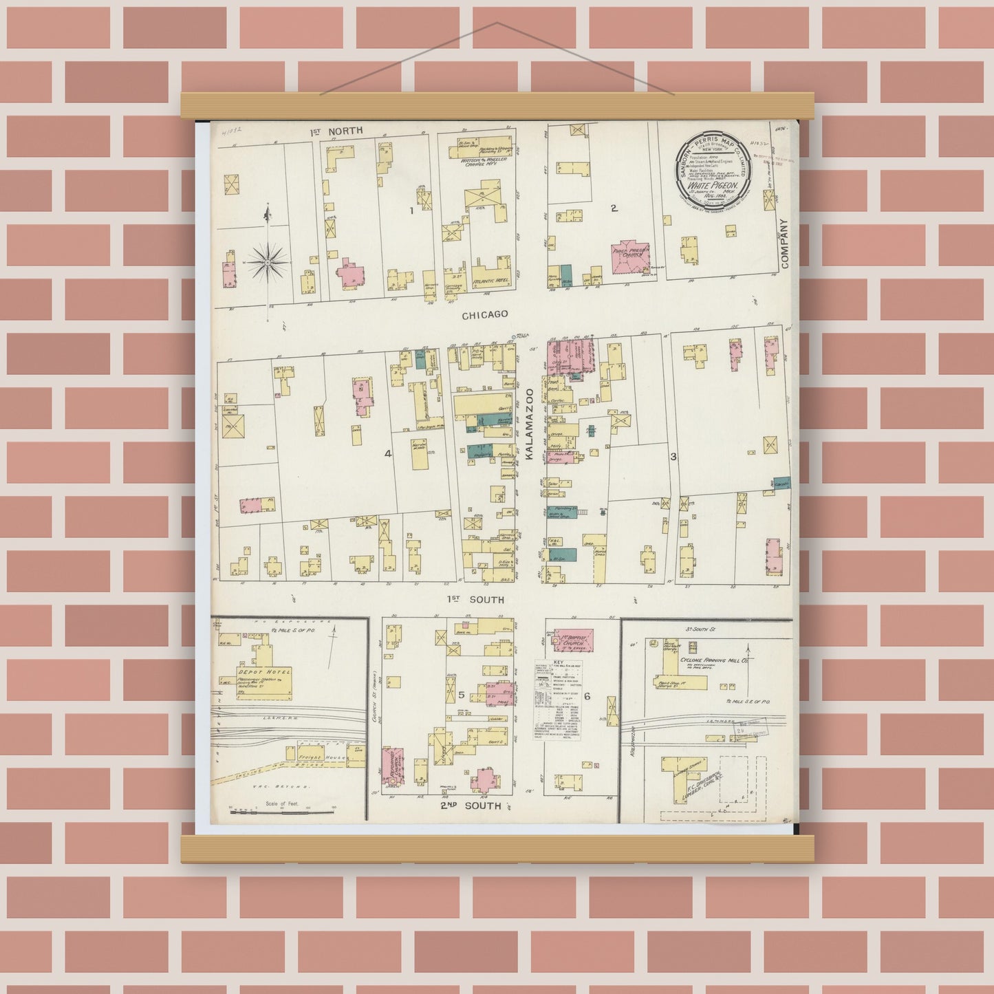 Old map wall art mockup — magnetic wood frame on brick wall — Sanborn Fire Insurance Map from White Pigeon, Saint Joseph County, Michigan (1893), Sheet #0001