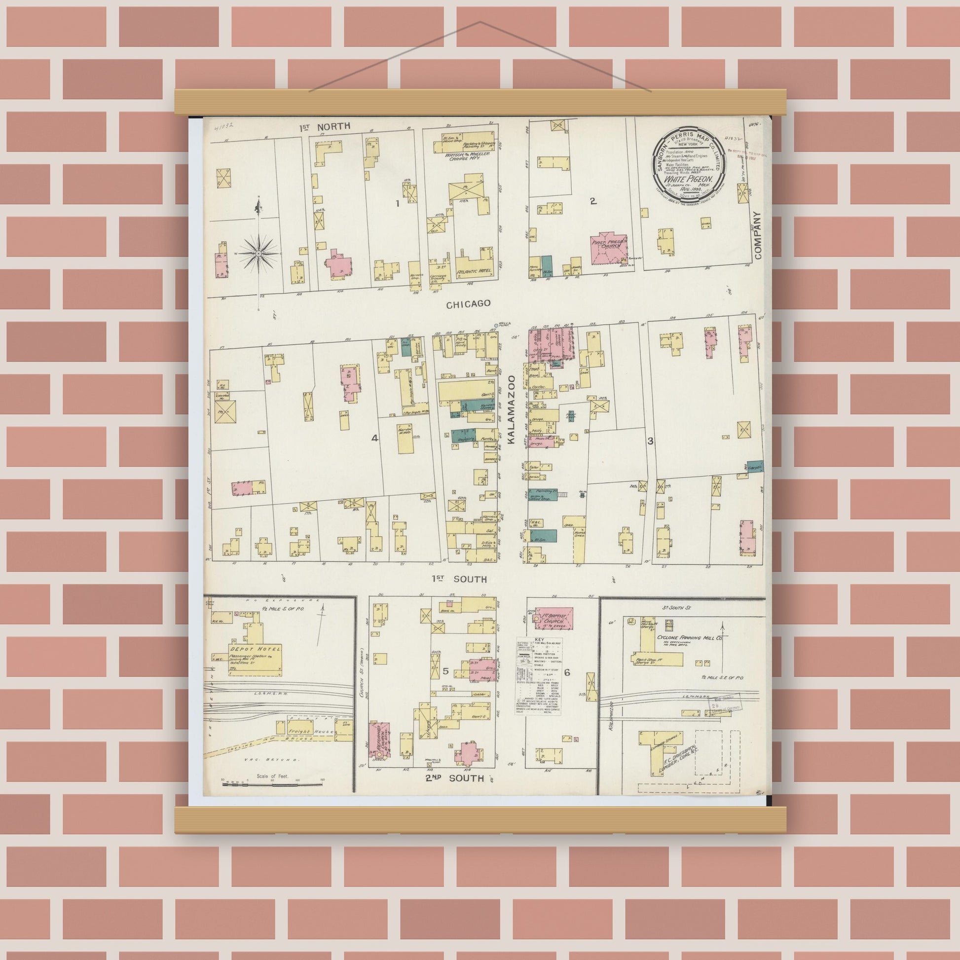 Old map wall art mockup — magnetic wood frame on brick wall — Sanborn Fire Insurance Map from White Pigeon, Saint Joseph County, Michigan (1893), Sheet #0001